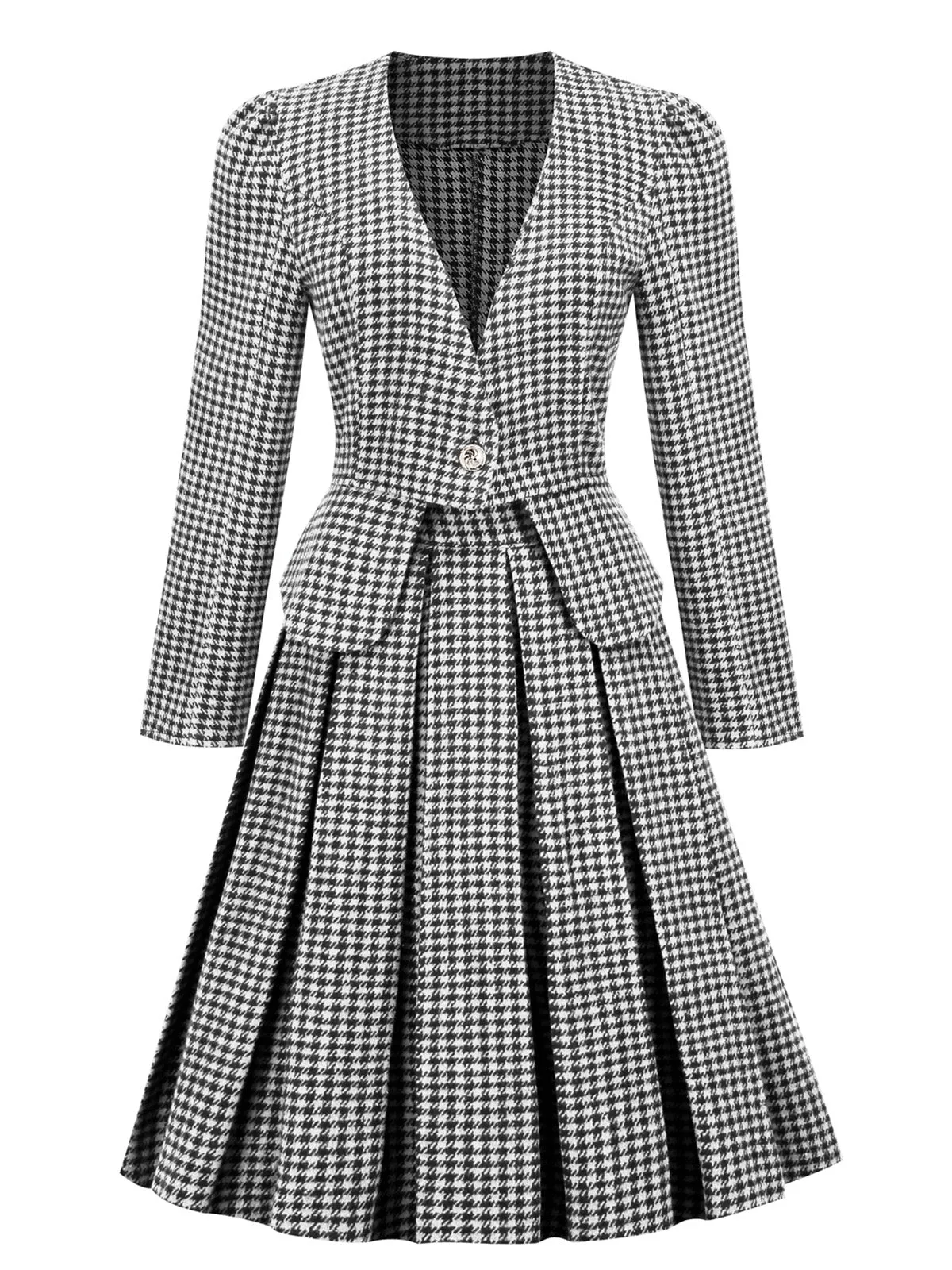 2PCS Black Retro Plaid Blazer & Panel Skirt