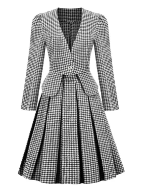 2PCS Black Retro Plaid Blazer & Panel Skirt