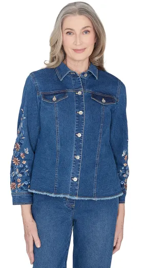 ALFRED DUNNER JACKET *PETITE* MD DENIM EMBROIDERED FRINGE