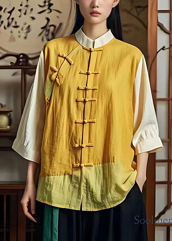 Art Yellow Mandarin Collar Patchwork Linen Oriental Shirts Summer