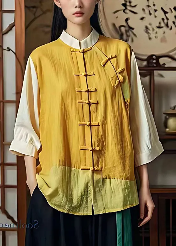 Art Yellow Mandarin Collar Patchwork Linen Oriental Shirts Summer