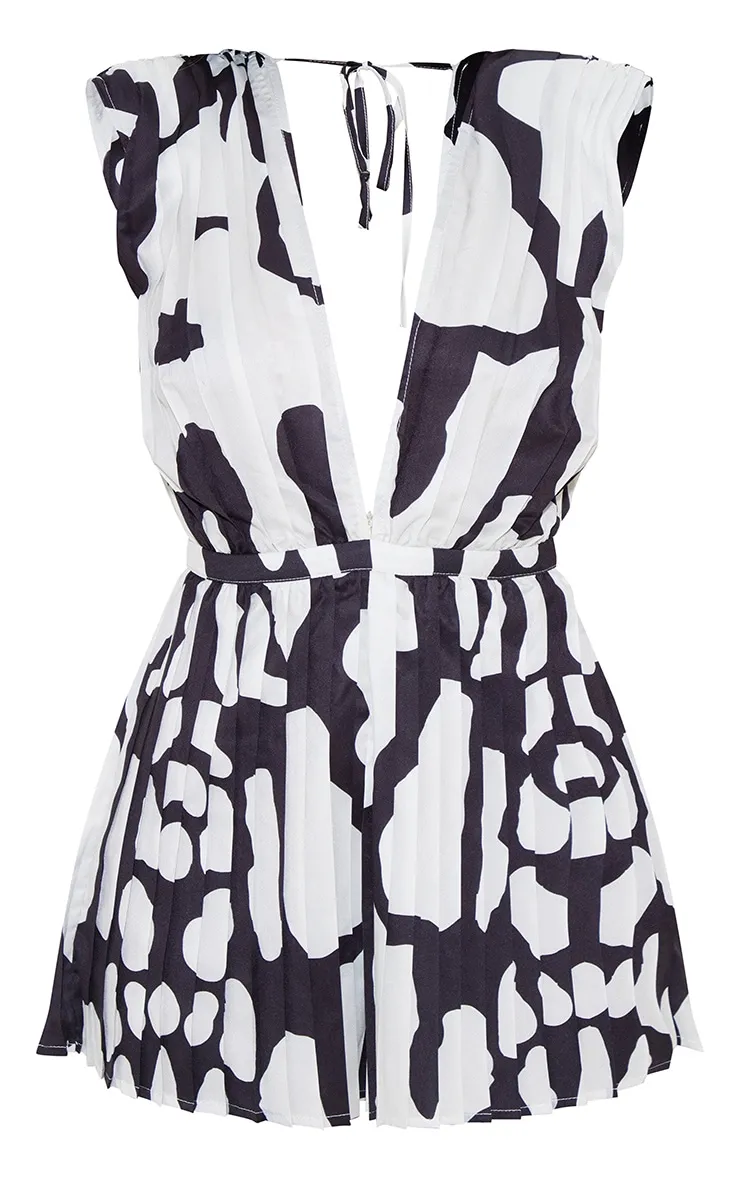 Black Abstract Shoulder Pad Plunge Playsuit