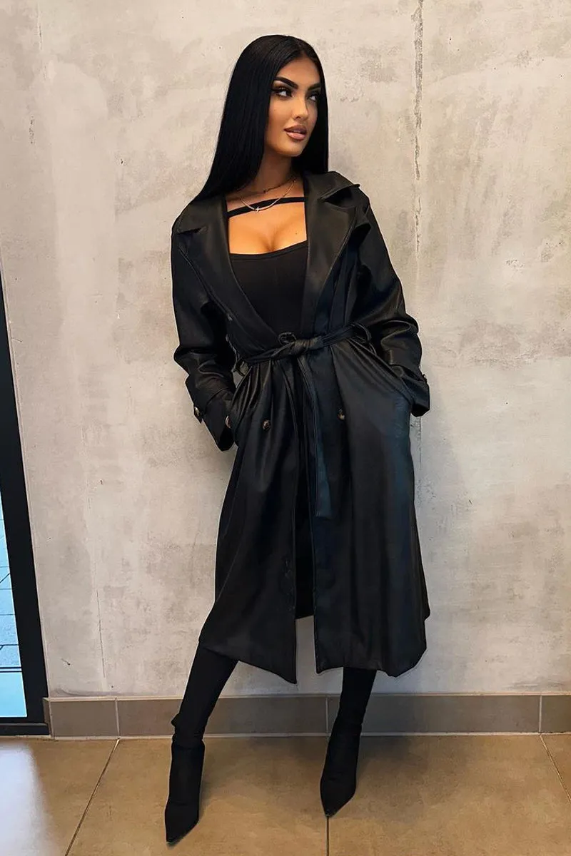 Black Faux Leather Oversized Double Breasted Trench Coat- Xia