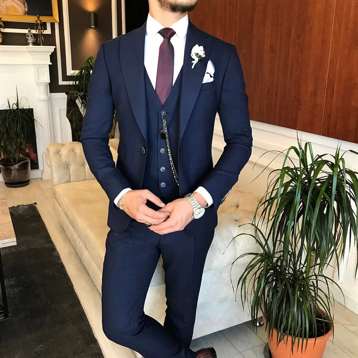 Bojoni Navy Striped Slim-Fit Suit 3-Piece