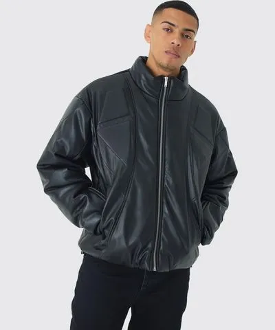 boohooMAN Mens Boxy Padded Moto Panelled Jacket In Black