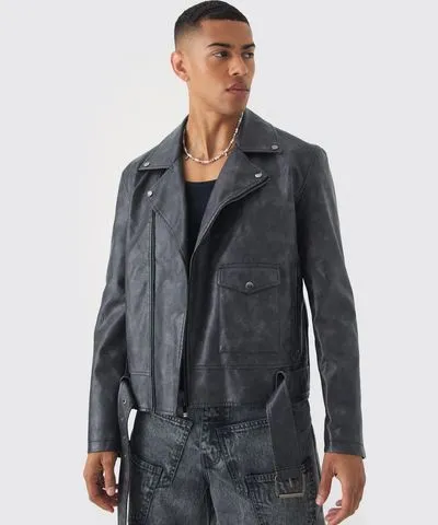 boohooMAN Mens Washed PU Biker Jacket In Slate