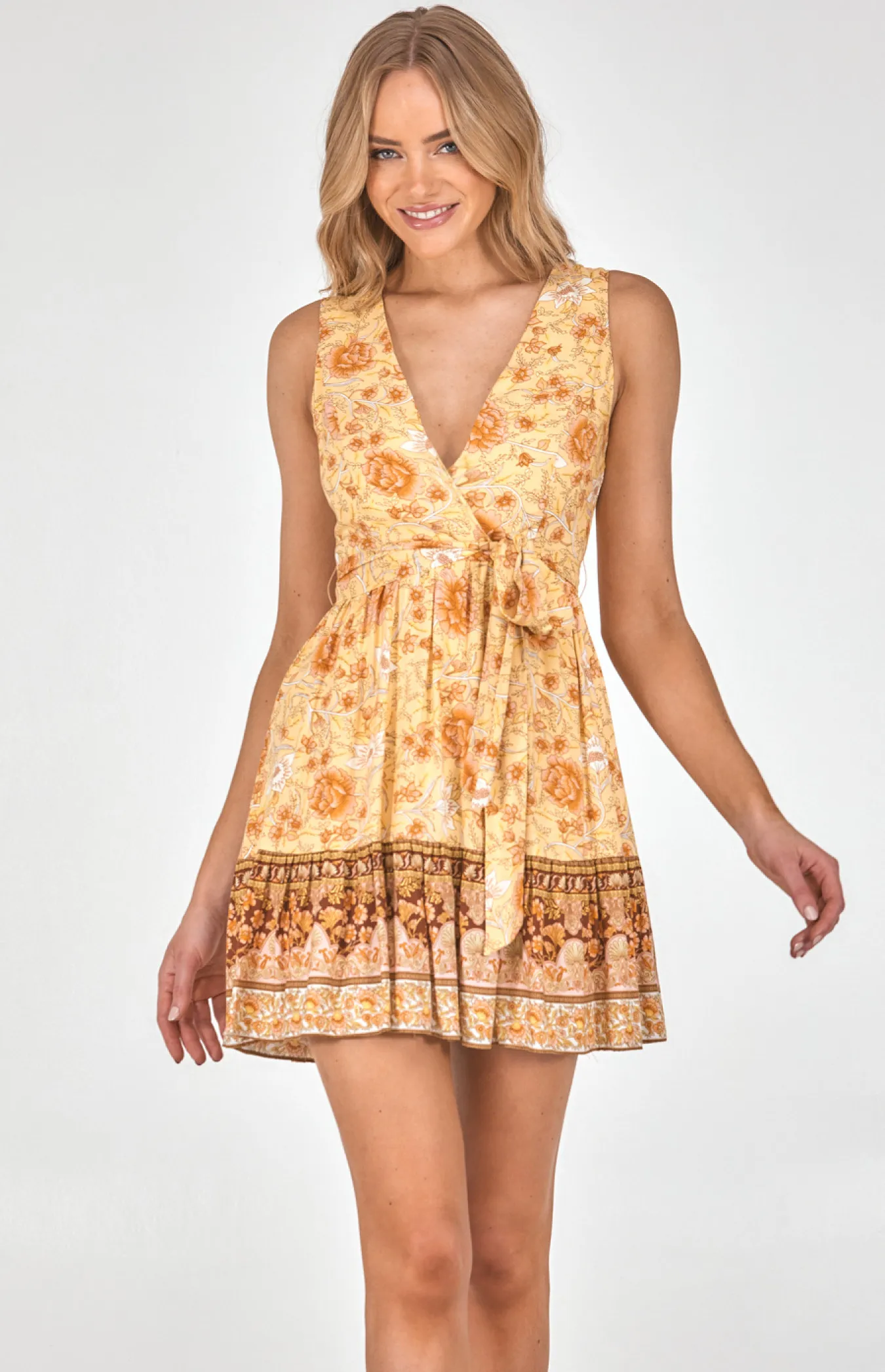 Cotton Cross Front Neckline Boho Printed Dress (SDR978A)