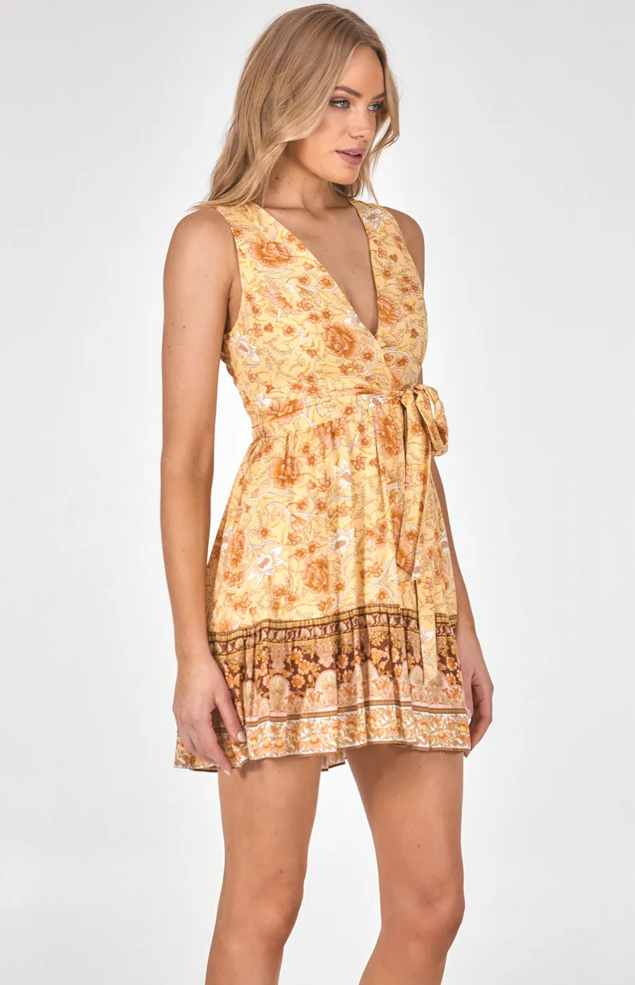 Cotton Cross Front Neckline Boho Printed Dress (SDR978A)