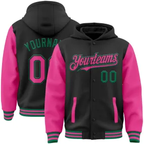 Custom Black Pink-Kelly Green Bomber Full-Snap Varsity Letterman Two Tone Hoodie Jacket