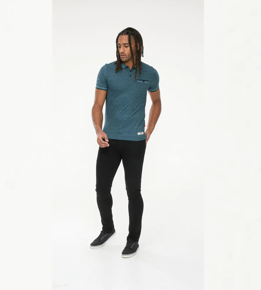 D555 Mens Teal Textured Polo Shirt With Jacquard Collar and Cuffs (TROY 2)