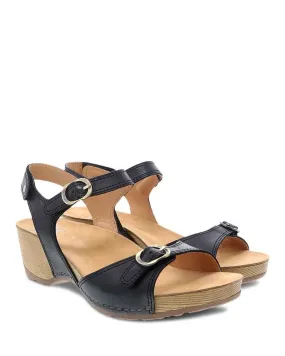 Dansko Womens Tricia Black Wedge Sandal- Black Milled Burnished Leather