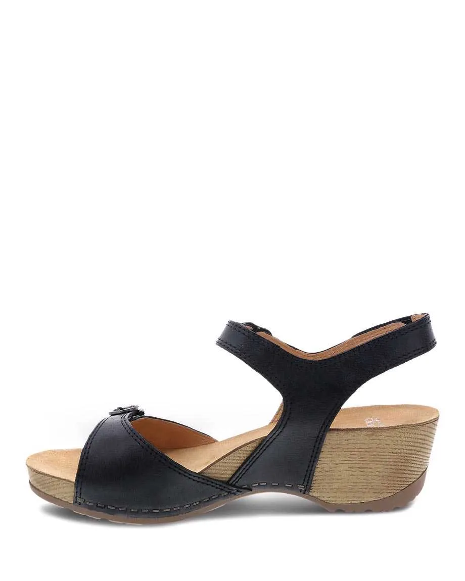 Dansko Womens Tricia Black Wedge Sandal- Black Milled Burnished Leather