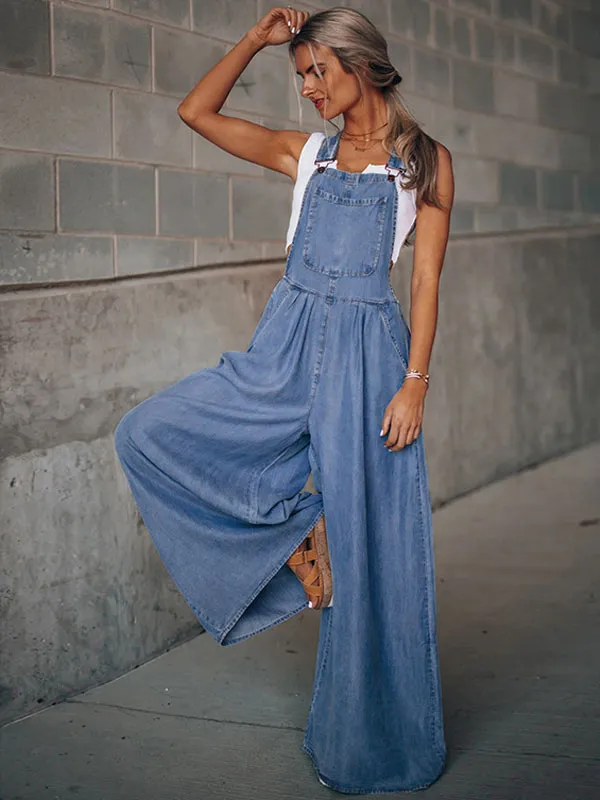 Deep Blue Sleeveless Buttons Convertible Denim Wide Summer Playsuit