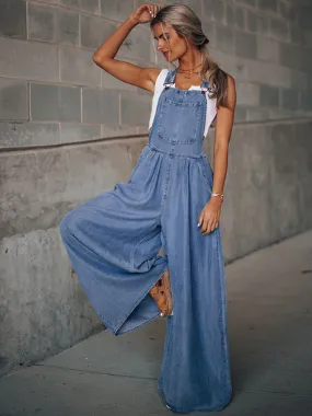 Deep Blue Sleeveless Buttons Convertible Denim Wide Summer Playsuit