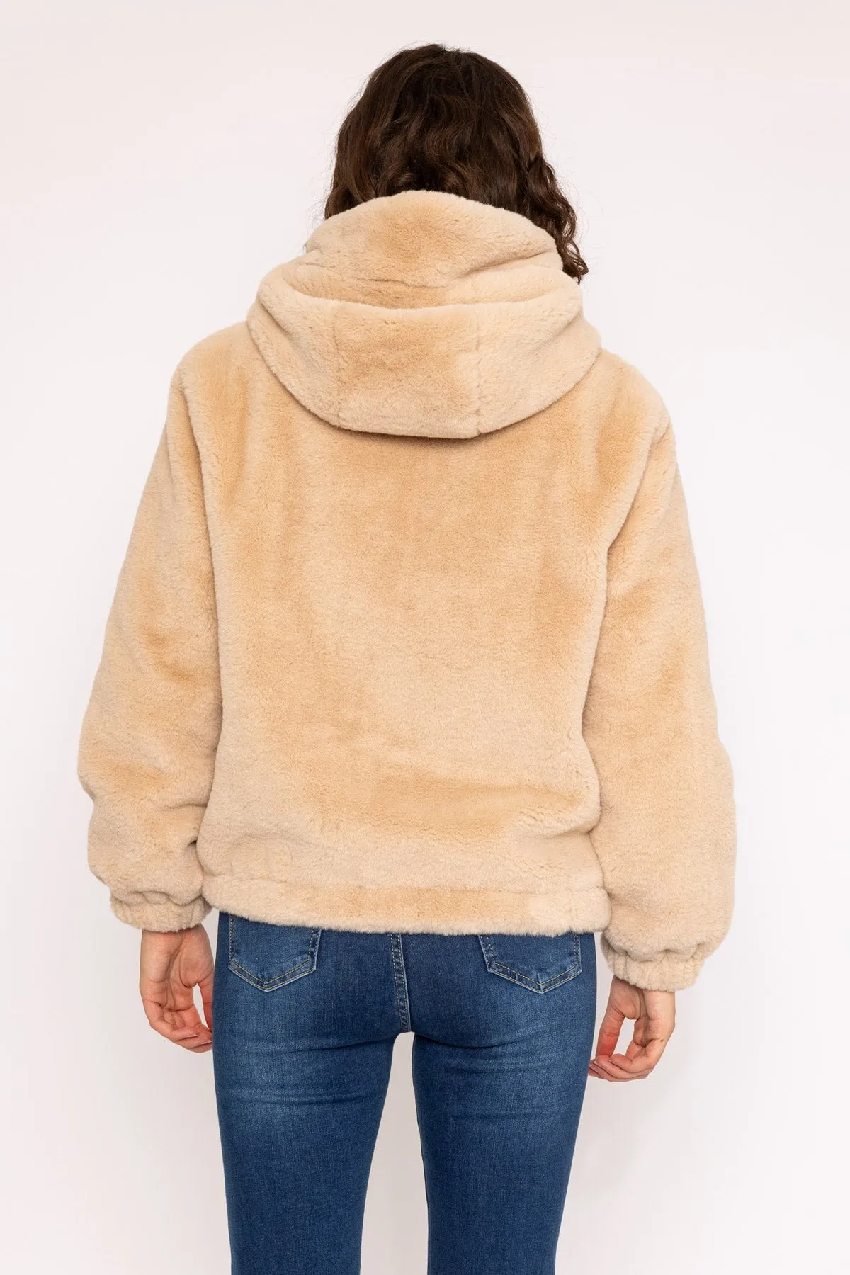 Ecru Hooded Faux Fur Bomber Jacket