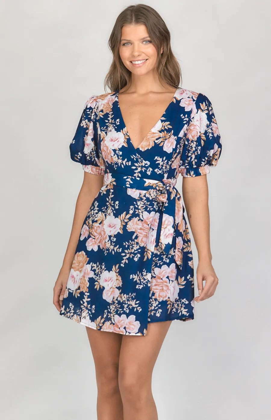 Floral Textured Wrap Dress with Puff Sleeves (SDR1190A)