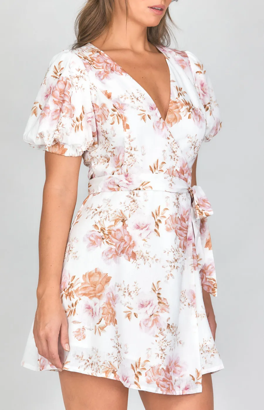 Floral Textured Wrap Dress with Puff Sleeves (SDR1190A)