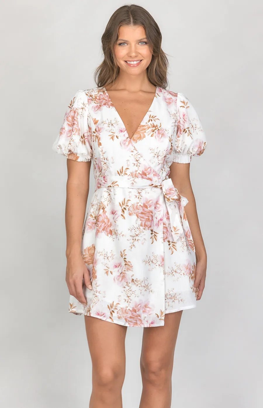 Floral Textured Wrap Dress with Puff Sleeves (SDR1190A)