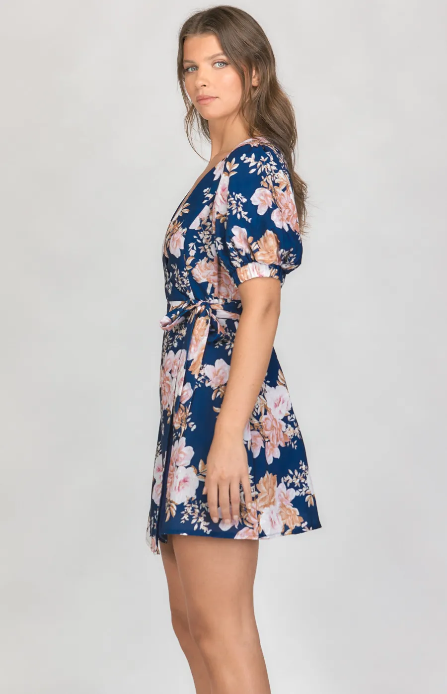 Floral Textured Wrap Dress with Puff Sleeves (SDR1190A)