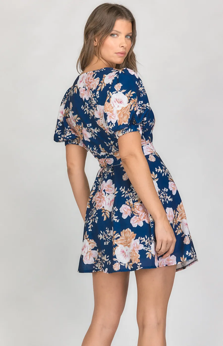 Floral Textured Wrap Dress with Puff Sleeves (SDR1190A)