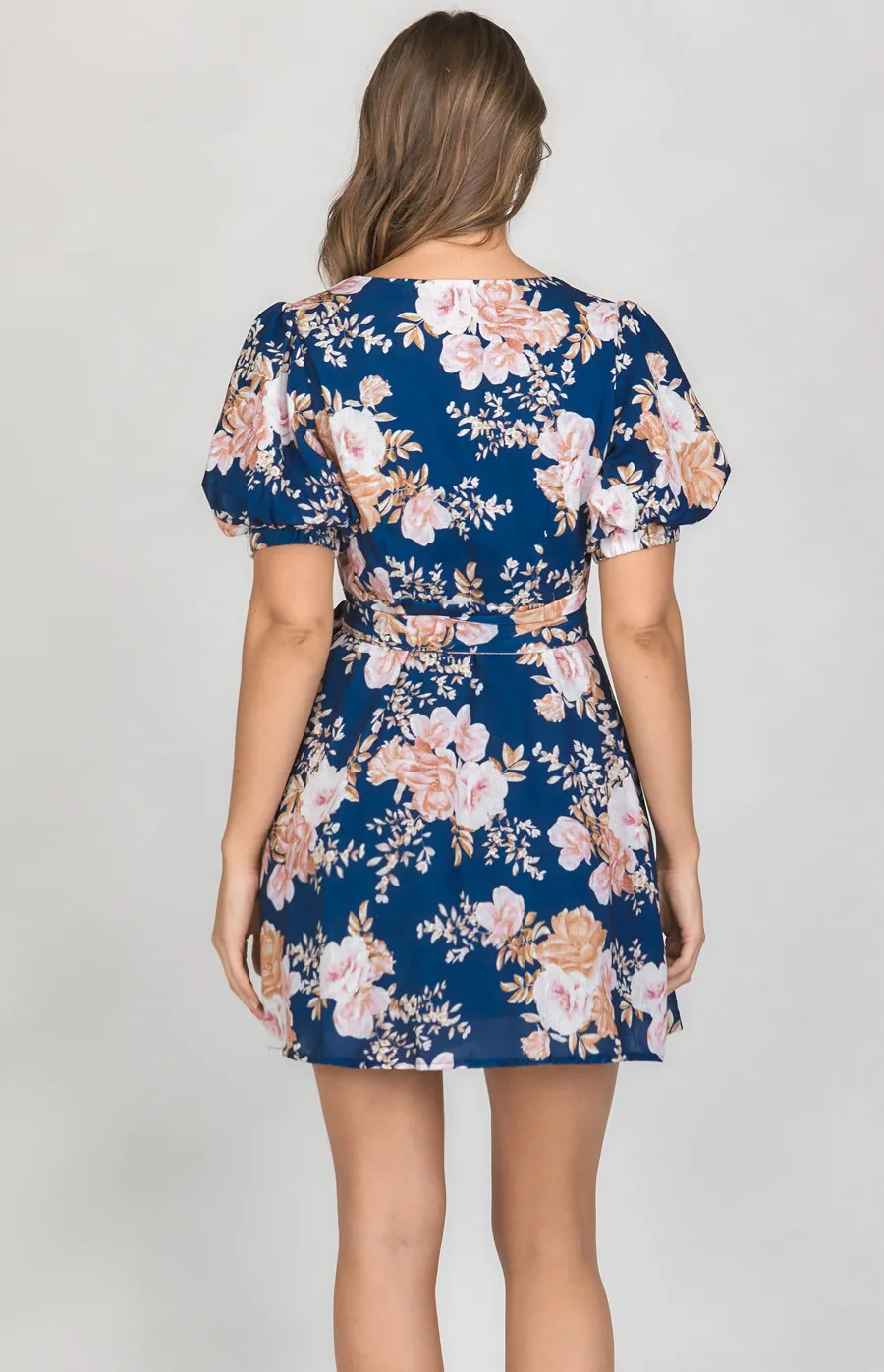 Floral Textured Wrap Dress with Puff Sleeves (SDR1190A)