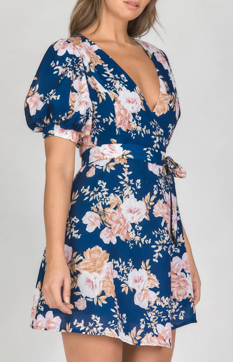 Floral Textured Wrap Dress with Puff Sleeves (SDR1190A)