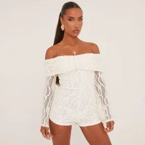 Fold Over Bardot Playsuit In White Zebra Print Texture