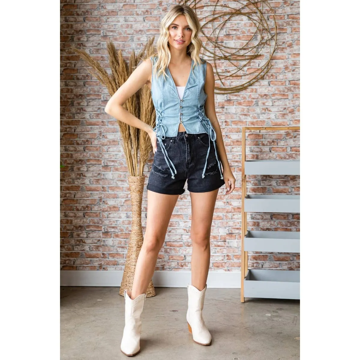 Funky Summer Drawstring Tie Denim Vest