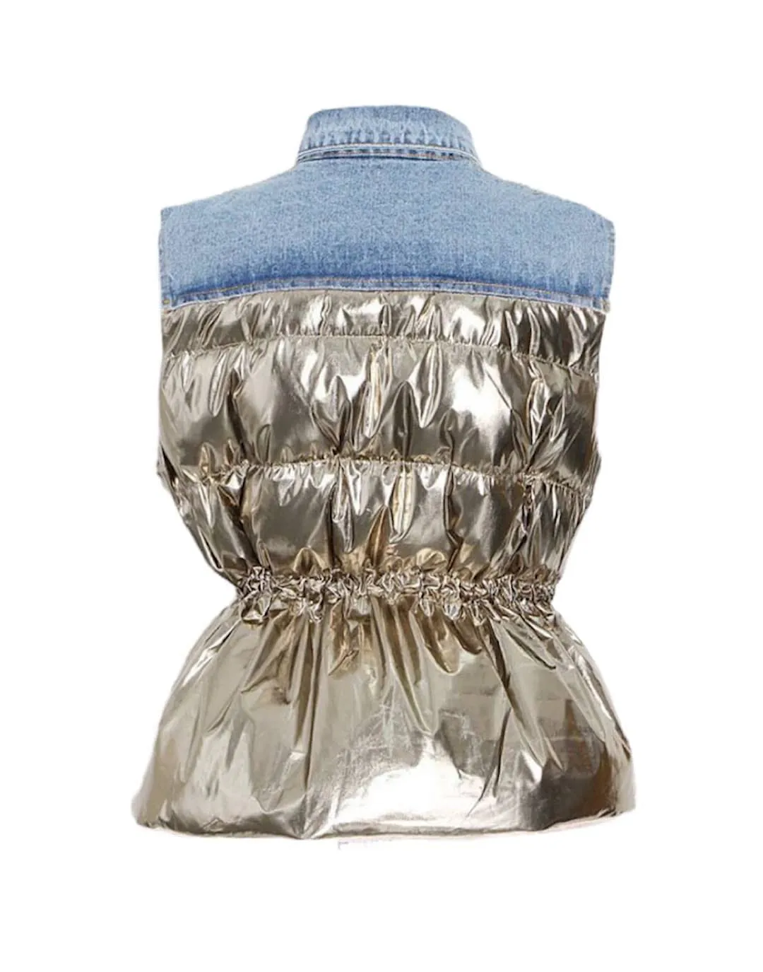 Half Denim Half Metallic Puff Vest