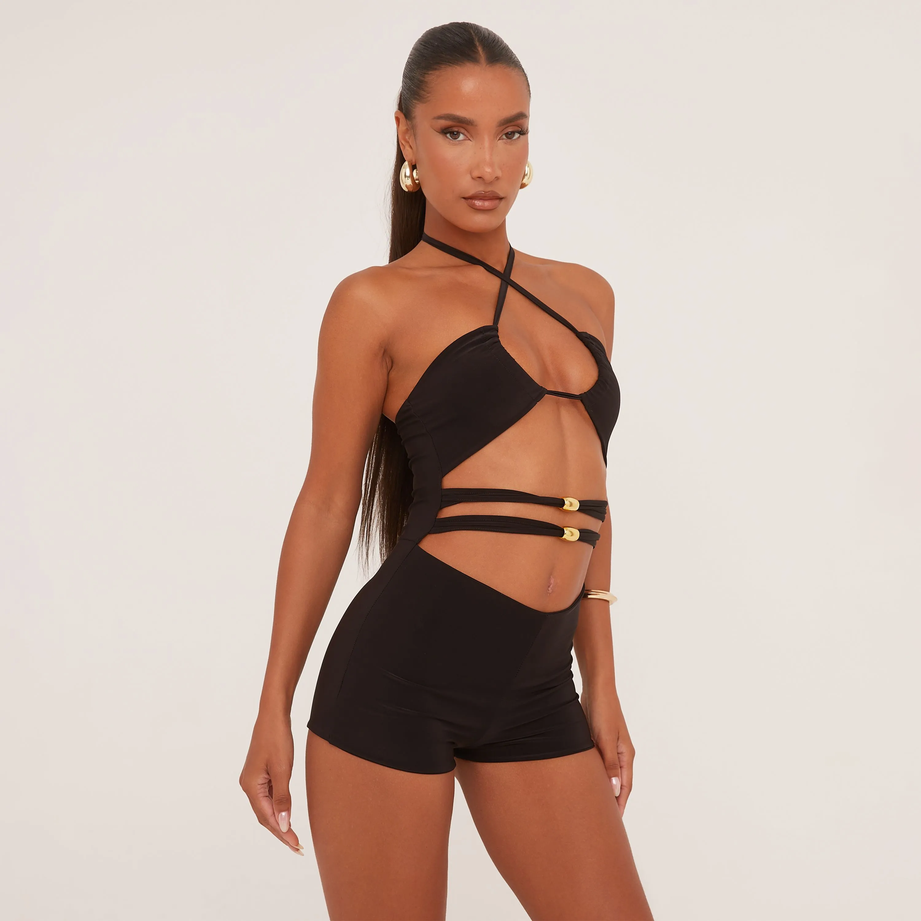 Halterneck Strappy Cut Out Playsuit In Black Slinky