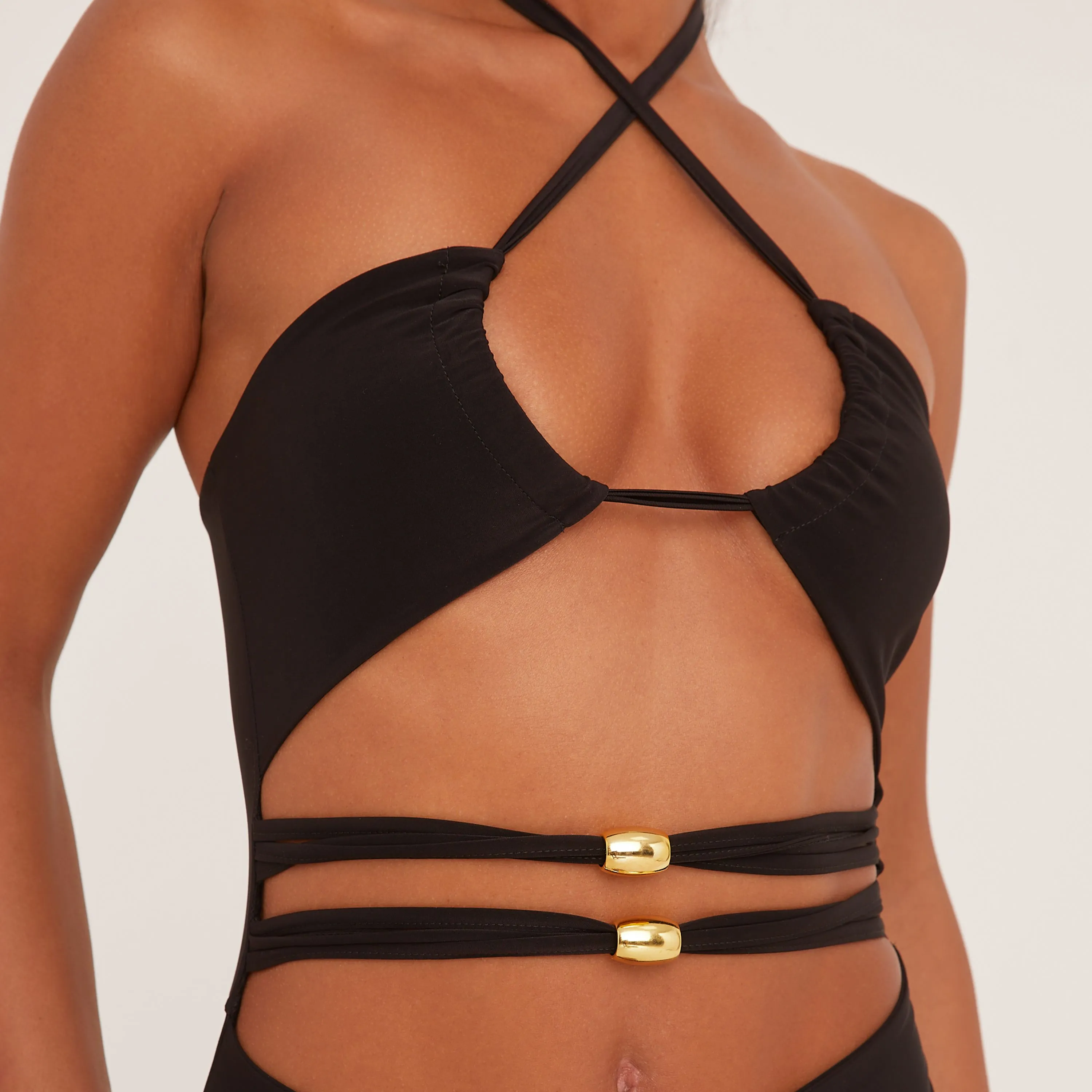 Halterneck Strappy Cut Out Playsuit In Black Slinky