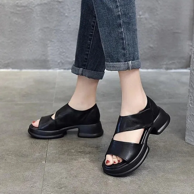 Leather Women's Casual Shoes - GQ204 Thick Bottom Wedges Heel Flat Sandals