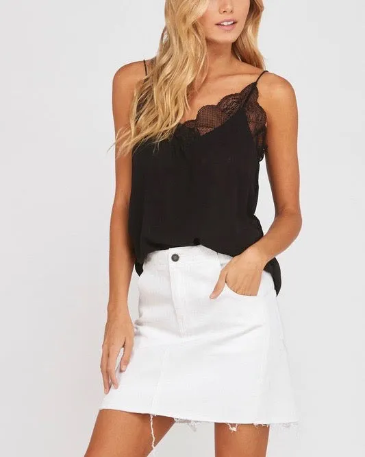 Like It Like That Lace Trimmed Lined Crepe Camisole Tank in Black