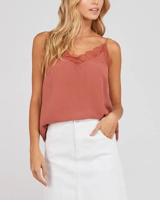 Like It Like That Lace Trimmed Lined Crepe Camisole Tank in Ginger