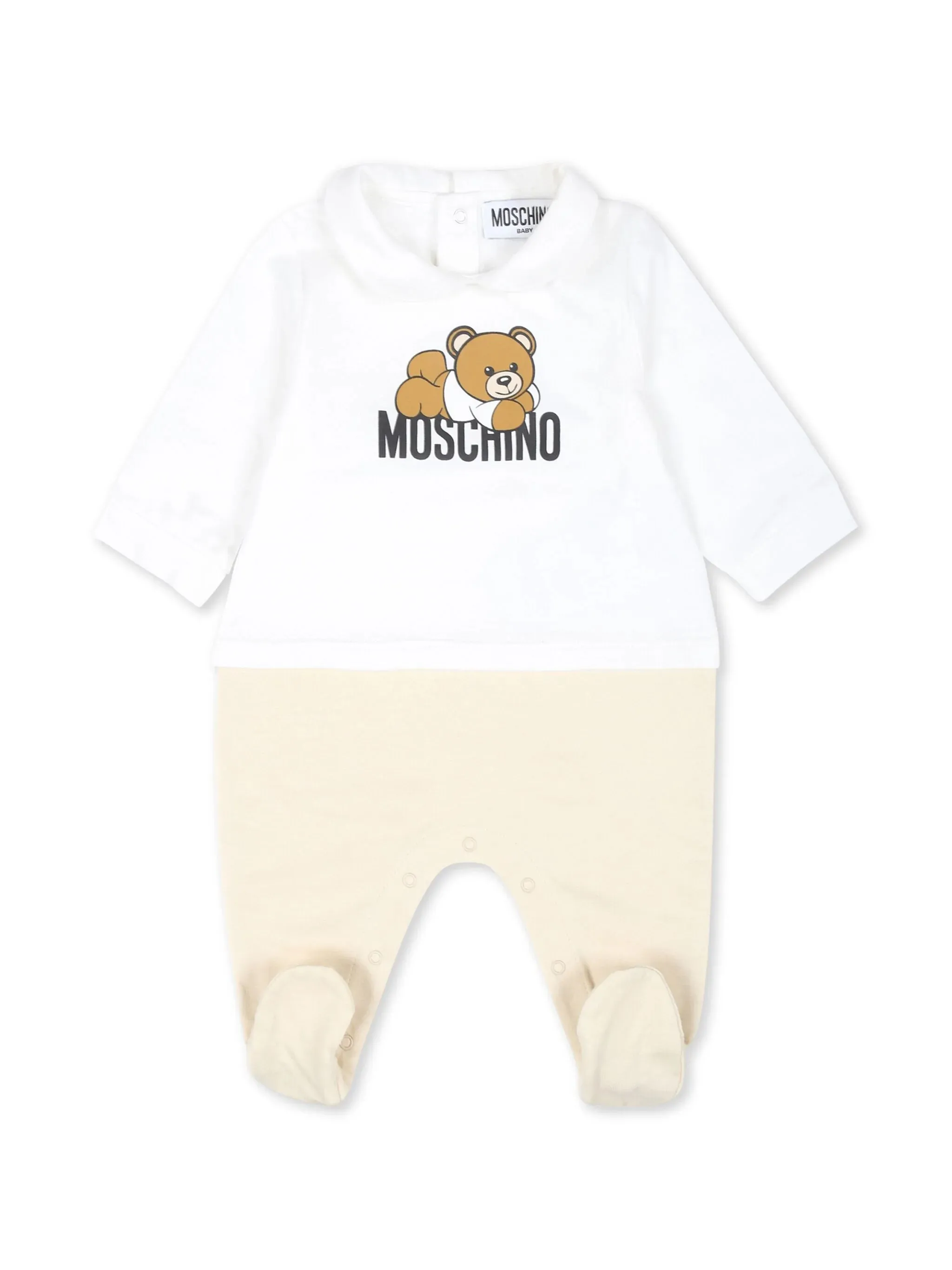 MOSCHINO KIDS White and Beige Playsuit With Moschino Teddy Bear Print