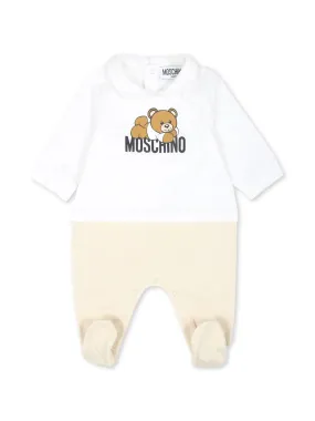 MOSCHINO KIDS White and Beige Playsuit With Moschino Teddy Bear Print