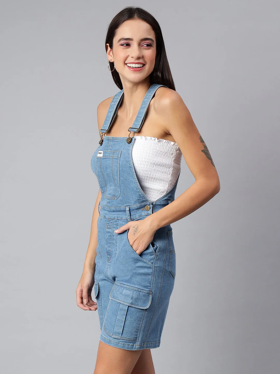 NaughtyDungaree Women's Denim Dungaree Playsuit with Thai Over Pockets