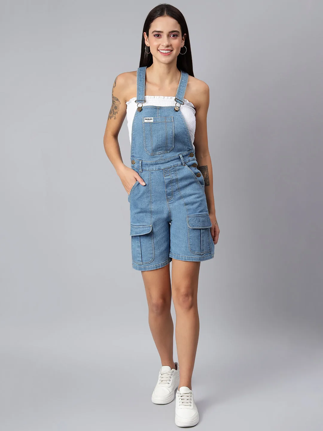 NaughtyDungaree Women's Denim Dungaree Playsuit with Thai Over Pockets