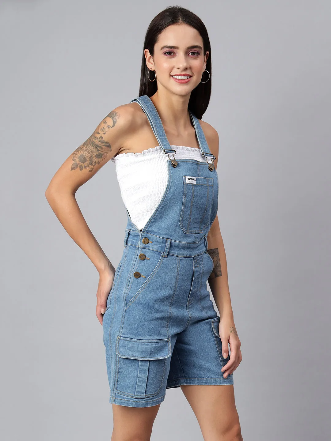 NaughtyDungaree Women's Denim Dungaree Playsuit with Thai Over Pockets