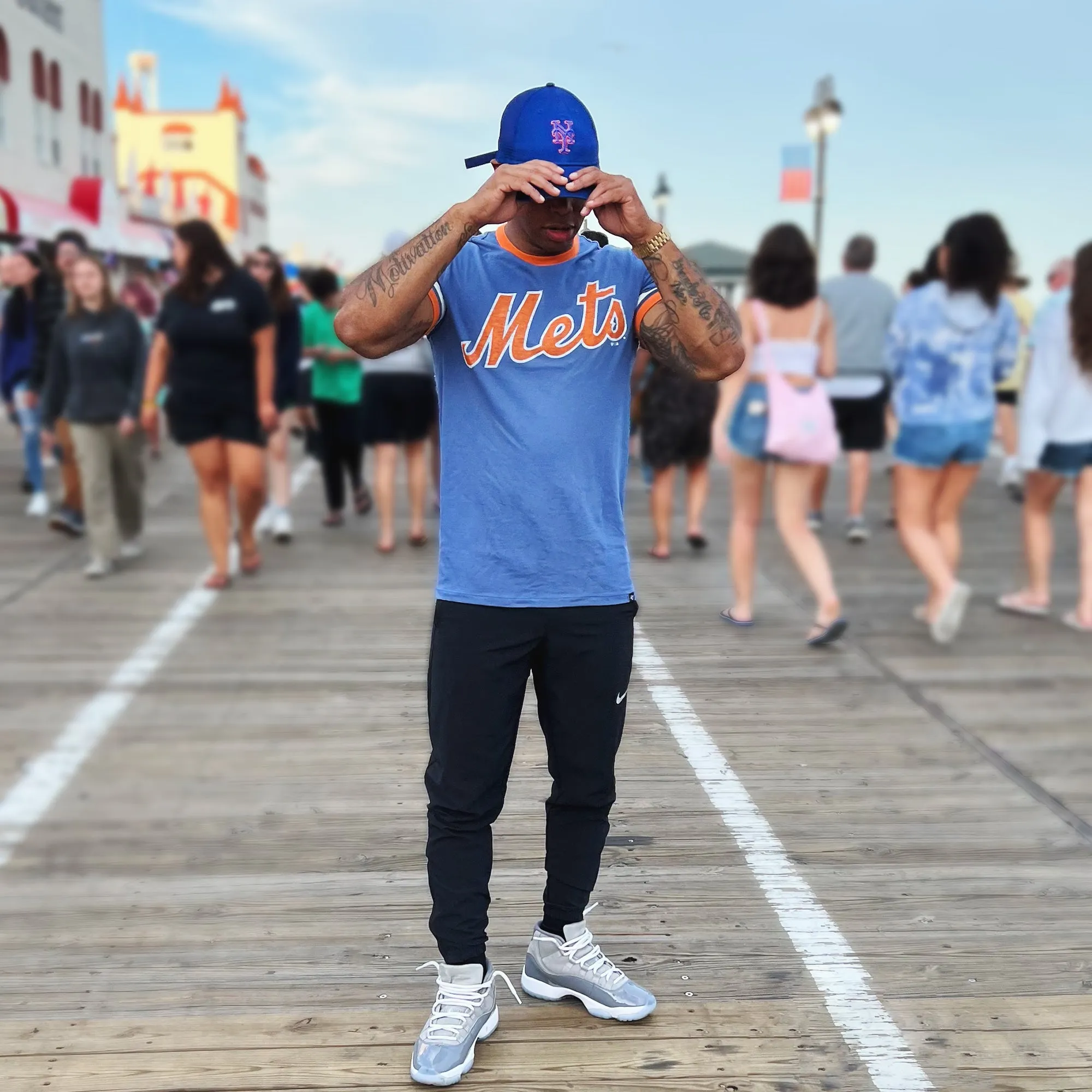 New York Mets Wordmark Otis Ringer Tshirt With Orange And White Striped Sleeves | Cadet Blue T-Shirt