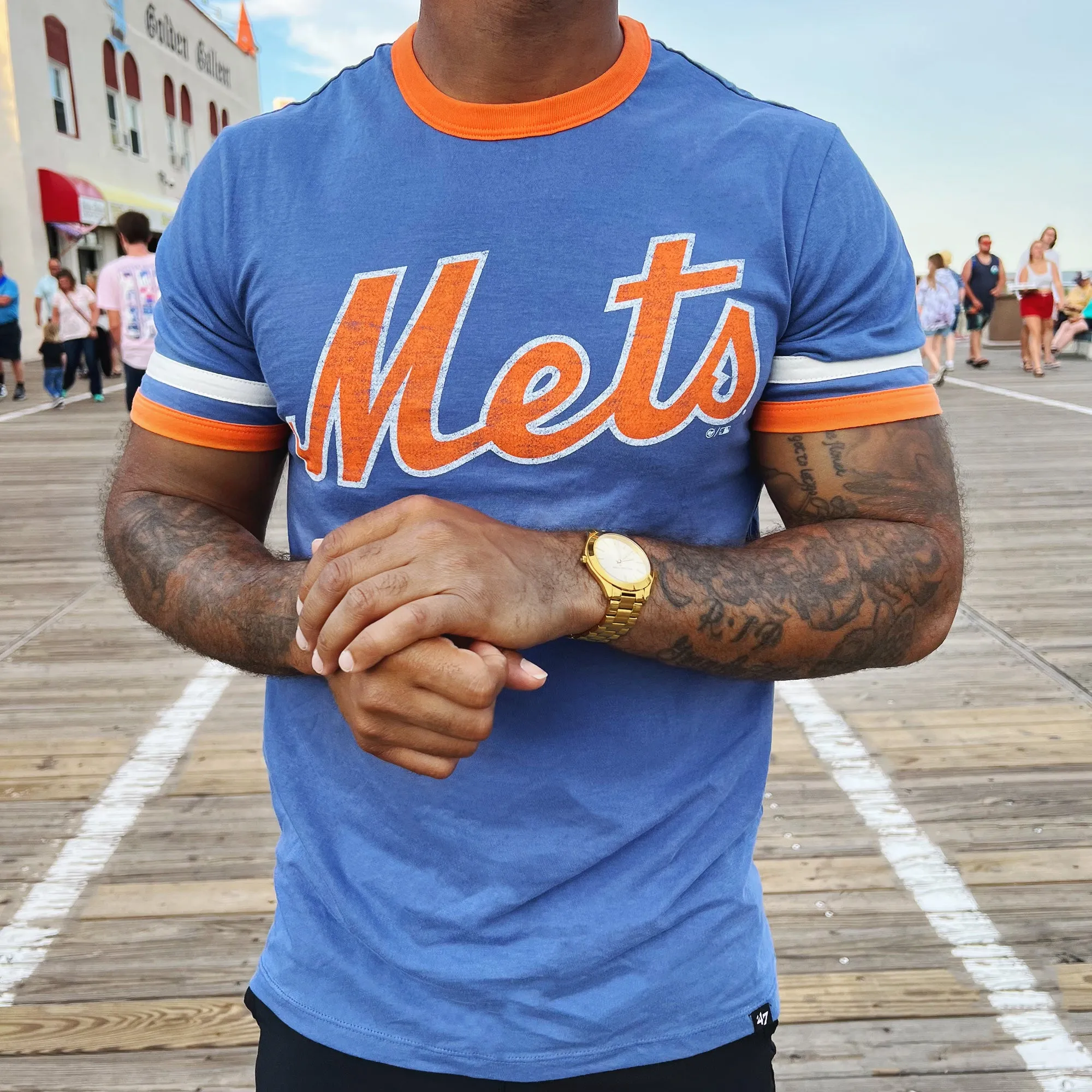 New York Mets Wordmark Otis Ringer Tshirt With Orange And White Striped Sleeves | Cadet Blue T-Shirt