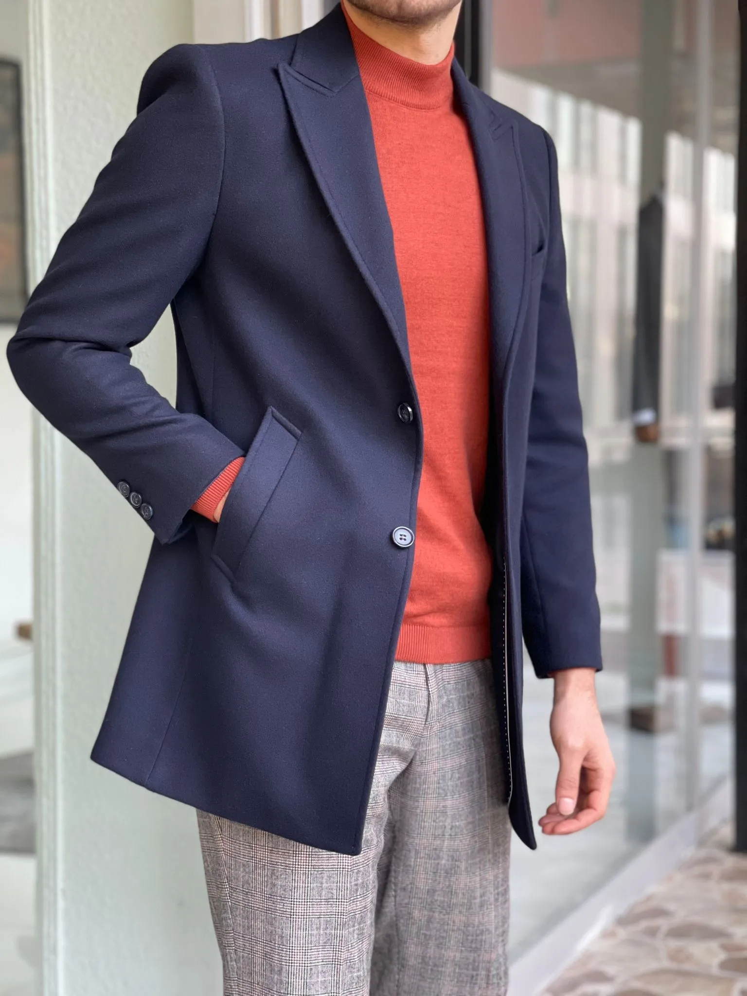 Remy Navy Blue Slim Fit Single Breasted Wool Long Coat