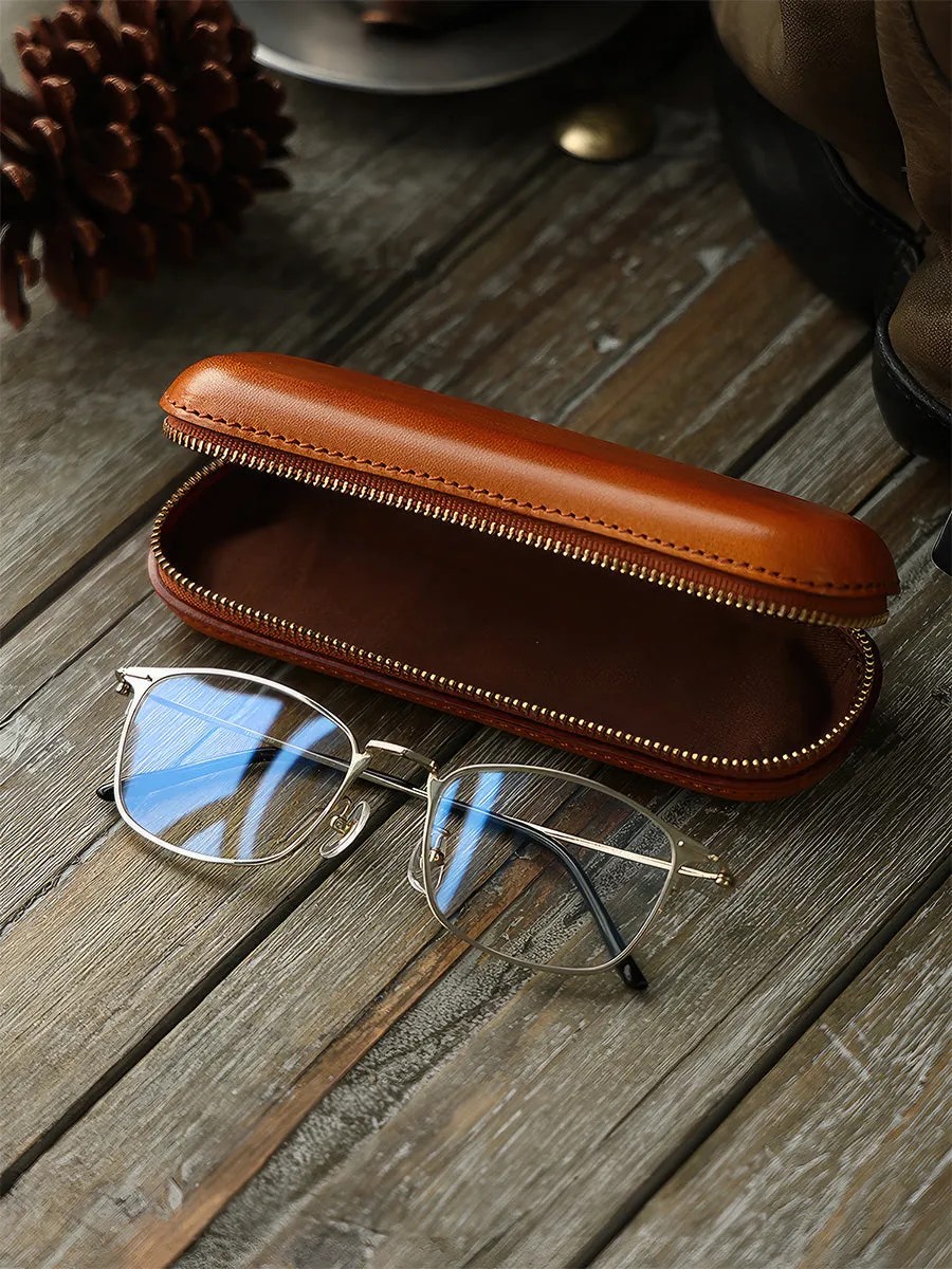 Retro Handmade Leather Glasses Case Pen Box | Full Cover With Zip