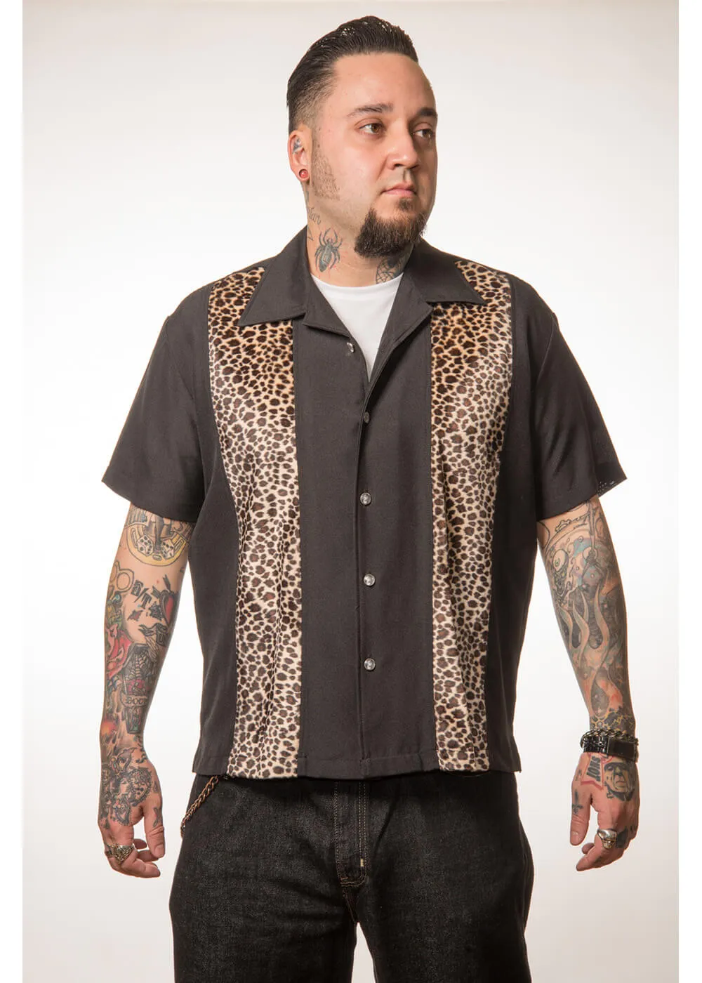 Steady Clothing Men's Leopard Panel Button Up Shirt Black