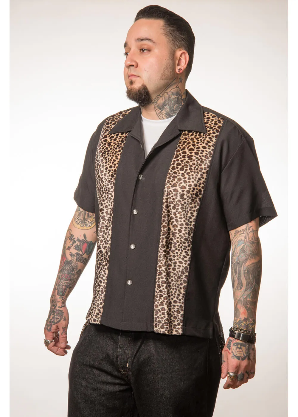 Steady Clothing Men's Leopard Panel Button Up Shirt Black