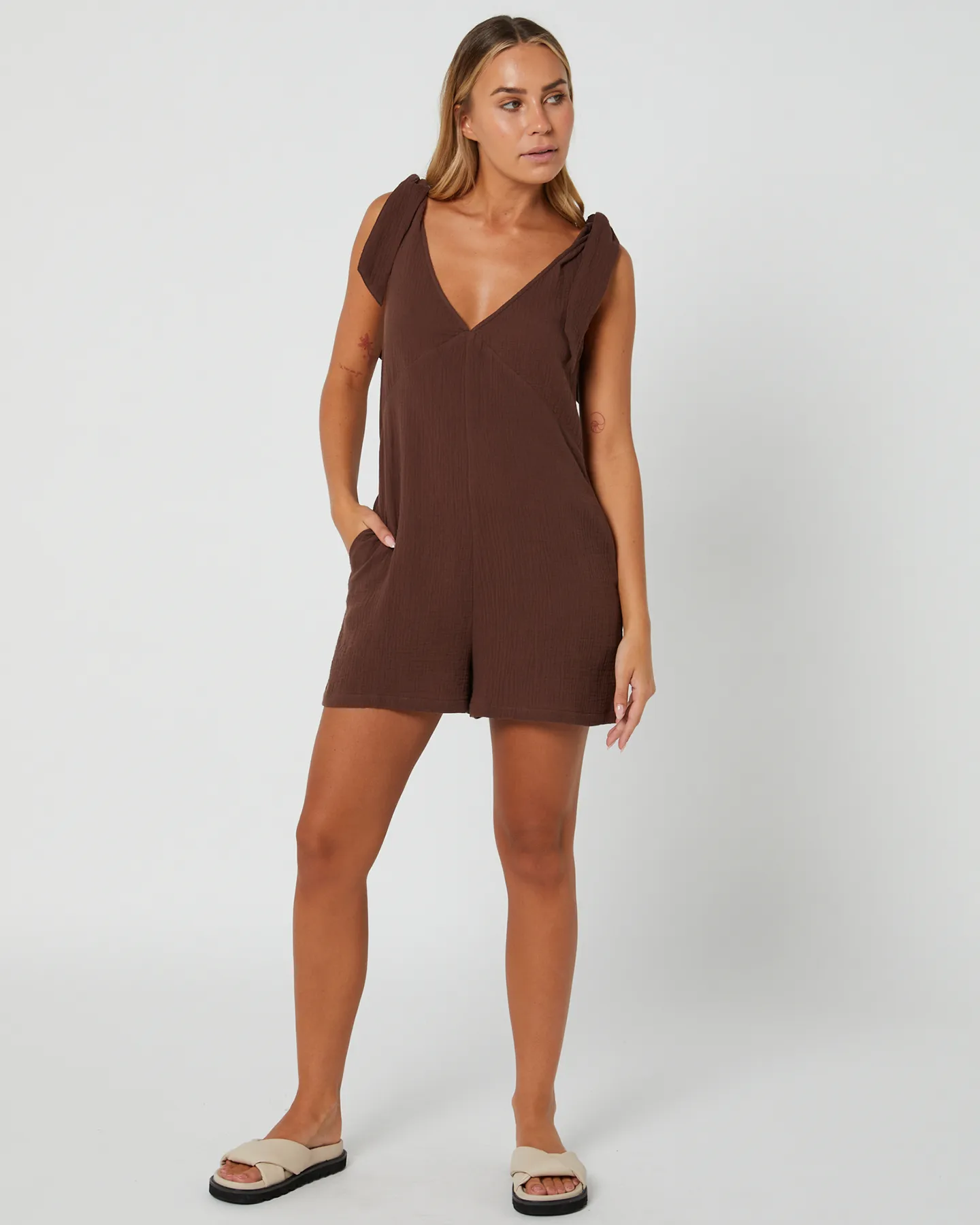 Swell Shoulder Tie Playsuit Koko - Brown | SurfStitch