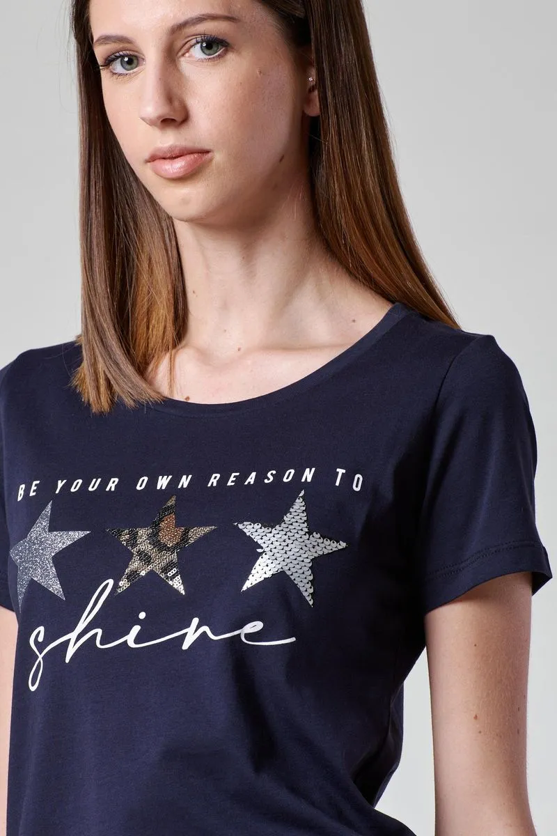 T-shirt blu stelle paillettes e glitter