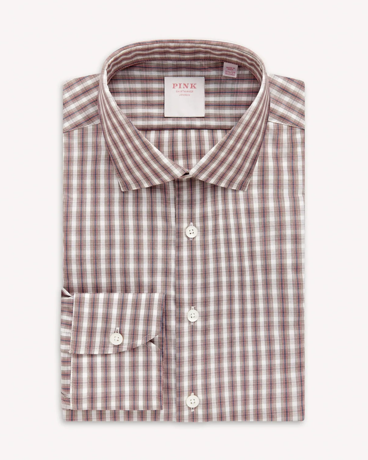 Thomas Pink End on End Check Shirt Brown White