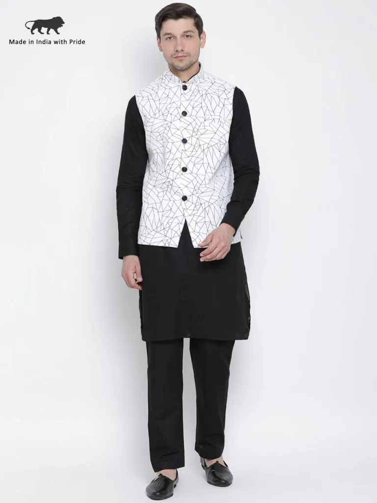 VASTRAMAY Men's Black Cotton Blend Kurta, Ethnic Jacket and Pyjama Set