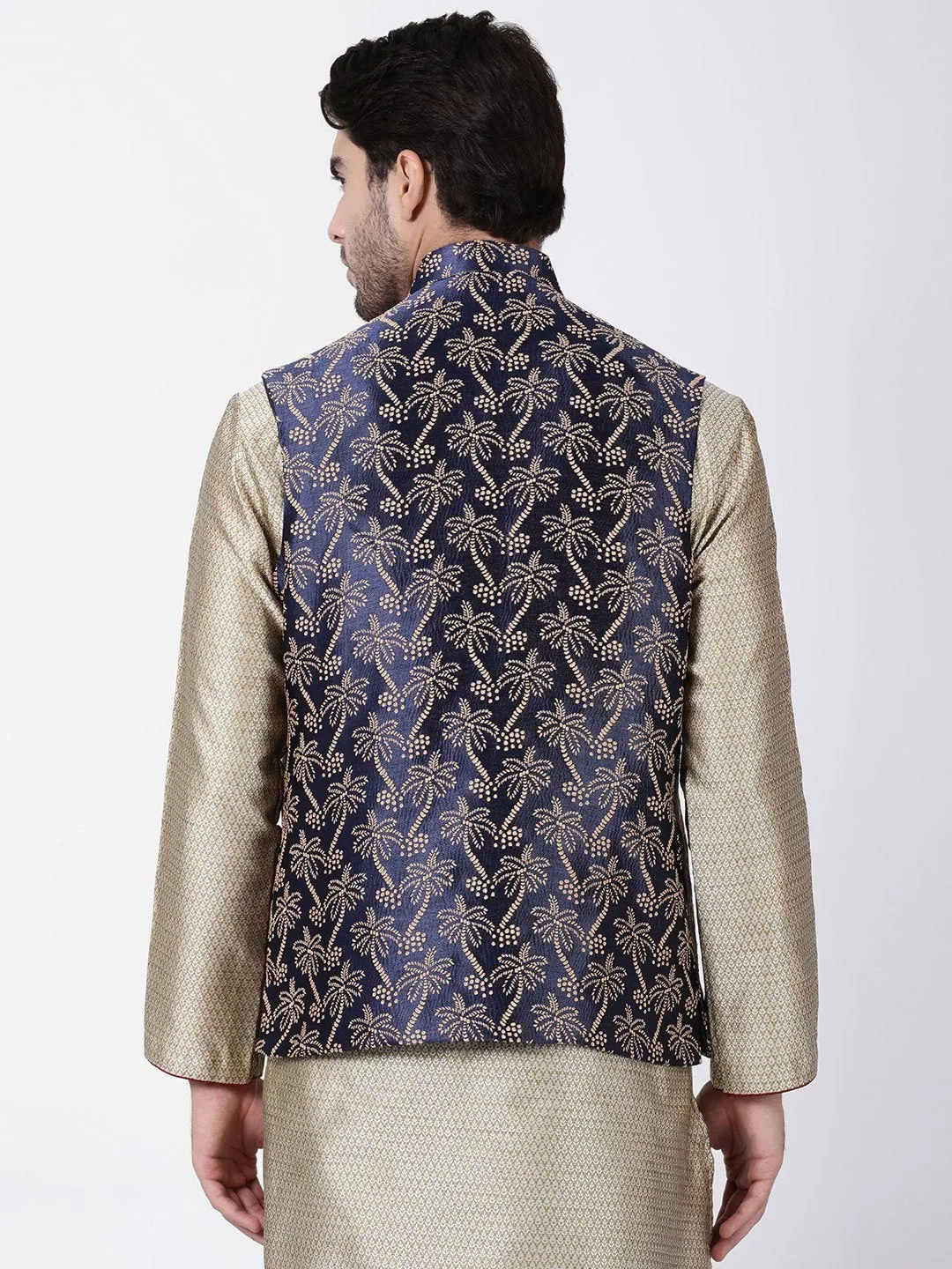 VASTRAMAY Men's Dark Blue Cotton Silk Blend Ethnic Jacket